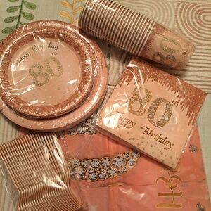 Rose Gold 80th Birthday Party Supplies Set
